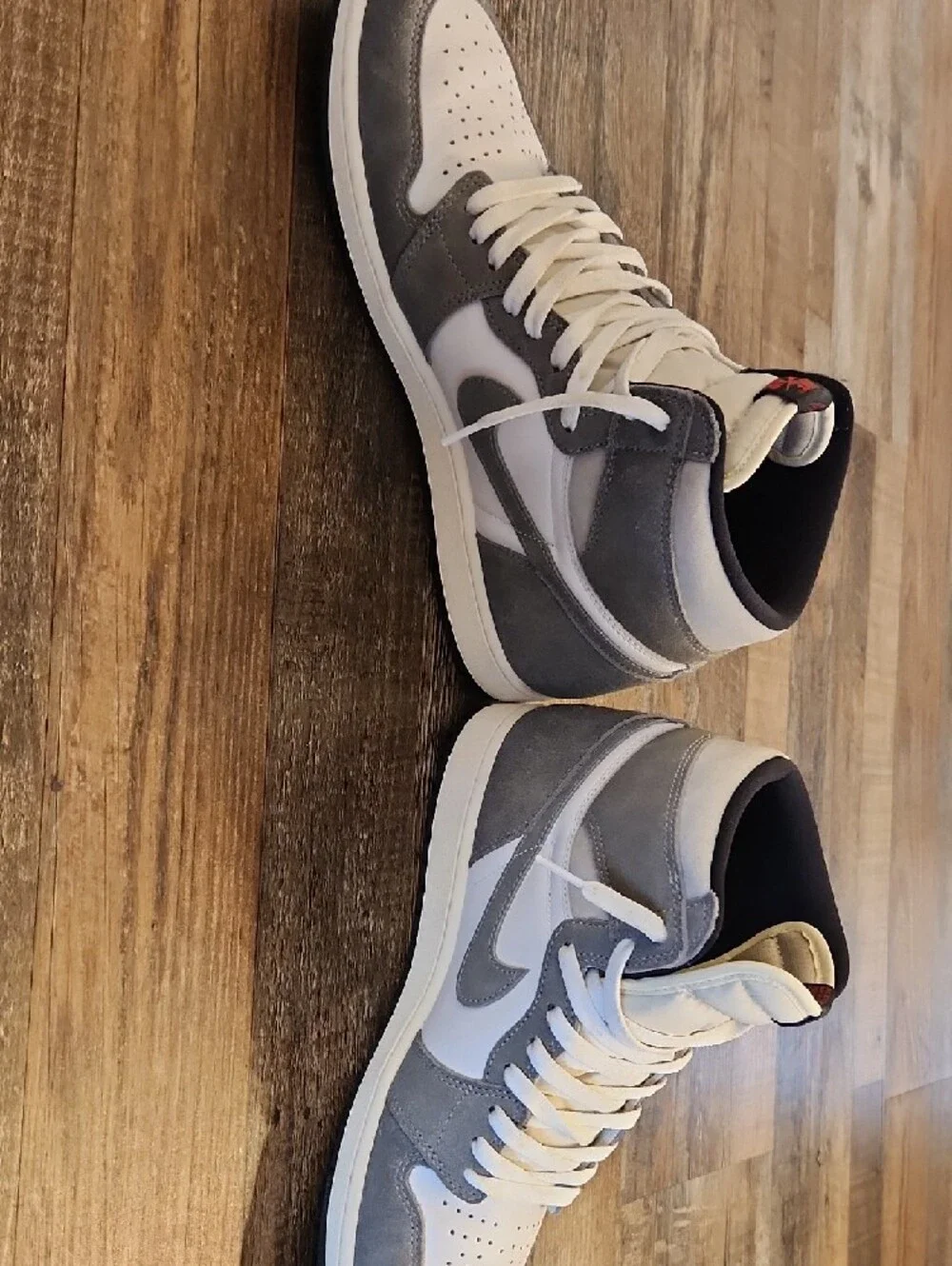 NIKE AIR JORDAN High-Top Sneakers in White, Gray and Black with Red Logo
